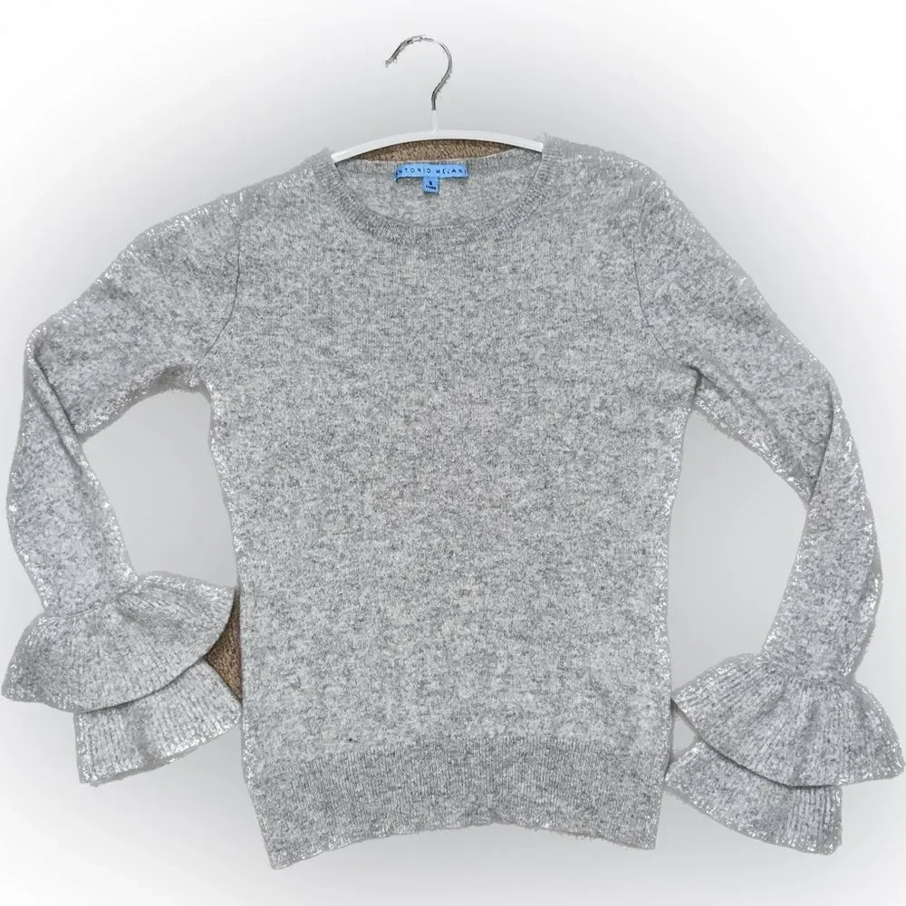 ANTONIO MELANI 100% Cashmere Gray Crew Neck Sweater with Ruffle Cuffs - Picture 2 of 7